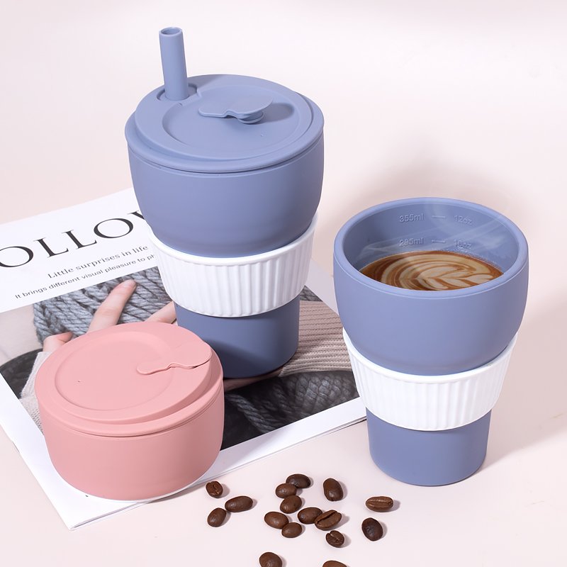 Pocket Size Camping Hiking Drinking Cups Silicone Foldable Bottle Coffee Mug Silicone Collapsible Travel Coffee Cups with Straw