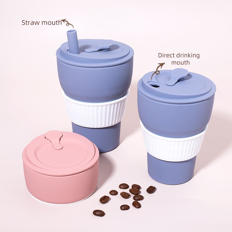Pocket Size Camping Hiking Drinking Cups Silicone Foldable Bottle Coffee Mug Silicone Collapsible Travel Coffee Cups with Straw