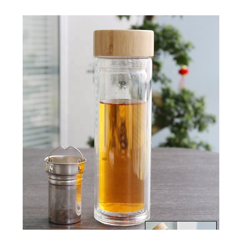 JM Double Wall Vacuum Flasks & Thermoses Glass Tea Water Bottle with Custom Logo Stainless Steel Infuser with Bamboo Lid