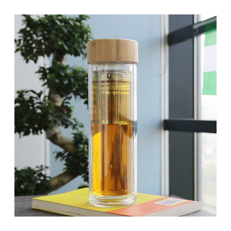 JM Double Wall Vacuum Flasks & Thermoses Glass Tea Water Bottle with Custom Logo Stainless Steel Infuser with Bamboo Lid