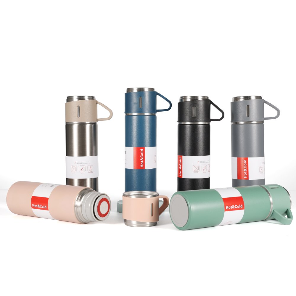 Customized Logo Drinkware Stainless Steel Thermos Mug Gift Set Vacuum Insulation Vacuum Flask Set With Three Lids