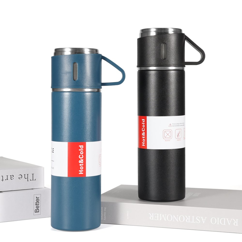 Customized Logo Drinkware Stainless Steel Thermos Mug Gift Set Vacuum Insulation Vacuum Flask Set With Three Lids