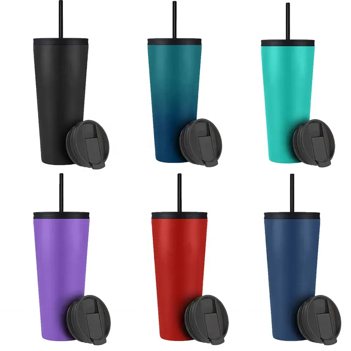 2024 New Stainless Steel Travel Tumbler Cup 16oz/20oz/24oz Colorful Double Wall Vacuum Coffee Mug With Straw And 2 Lids