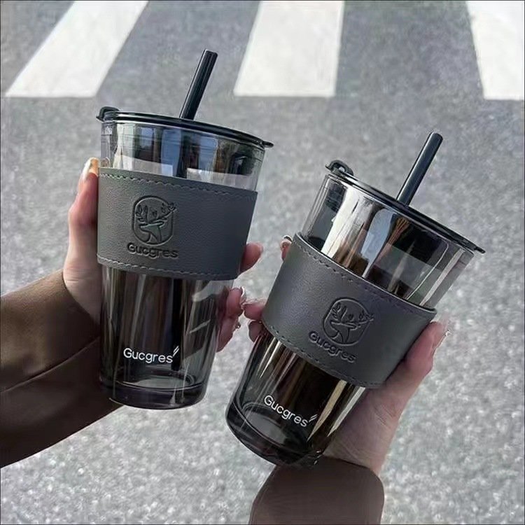 Ins Custom Logo Leather Straw Tumbler 450ml High Quality Glass Tumbler Mug For Student Girl