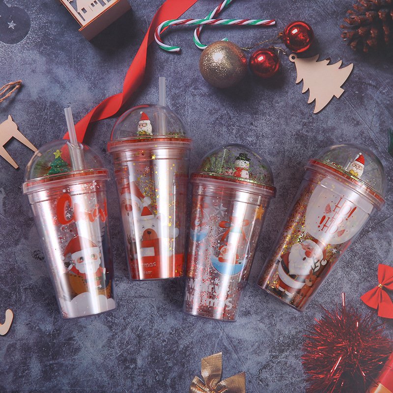 New Christmas santa tree gifts drinking juice cup 500ml double wall bpa free plastic glitter tumblers with straw