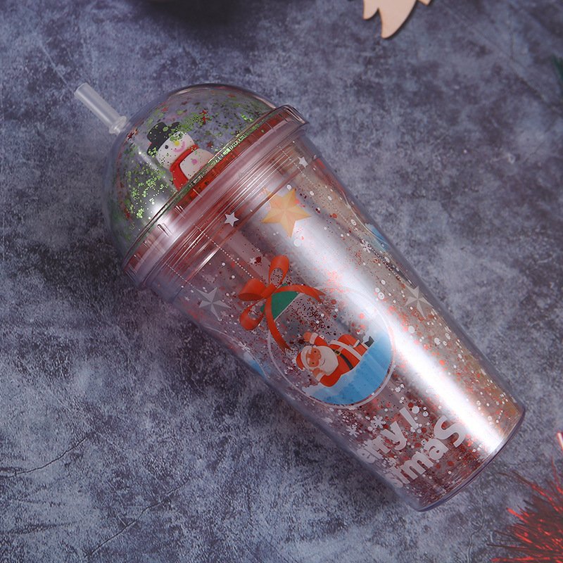 New Christmas santa tree gifts drinking juice cup 500ml double wall bpa free plastic glitter tumblers with straw