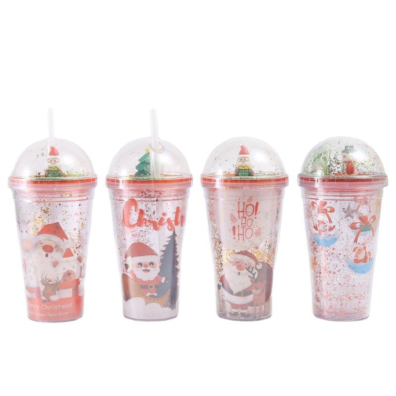 New Christmas santa tree gifts drinking juice cup 500ml double wall bpa free plastic glitter tumblers with straw