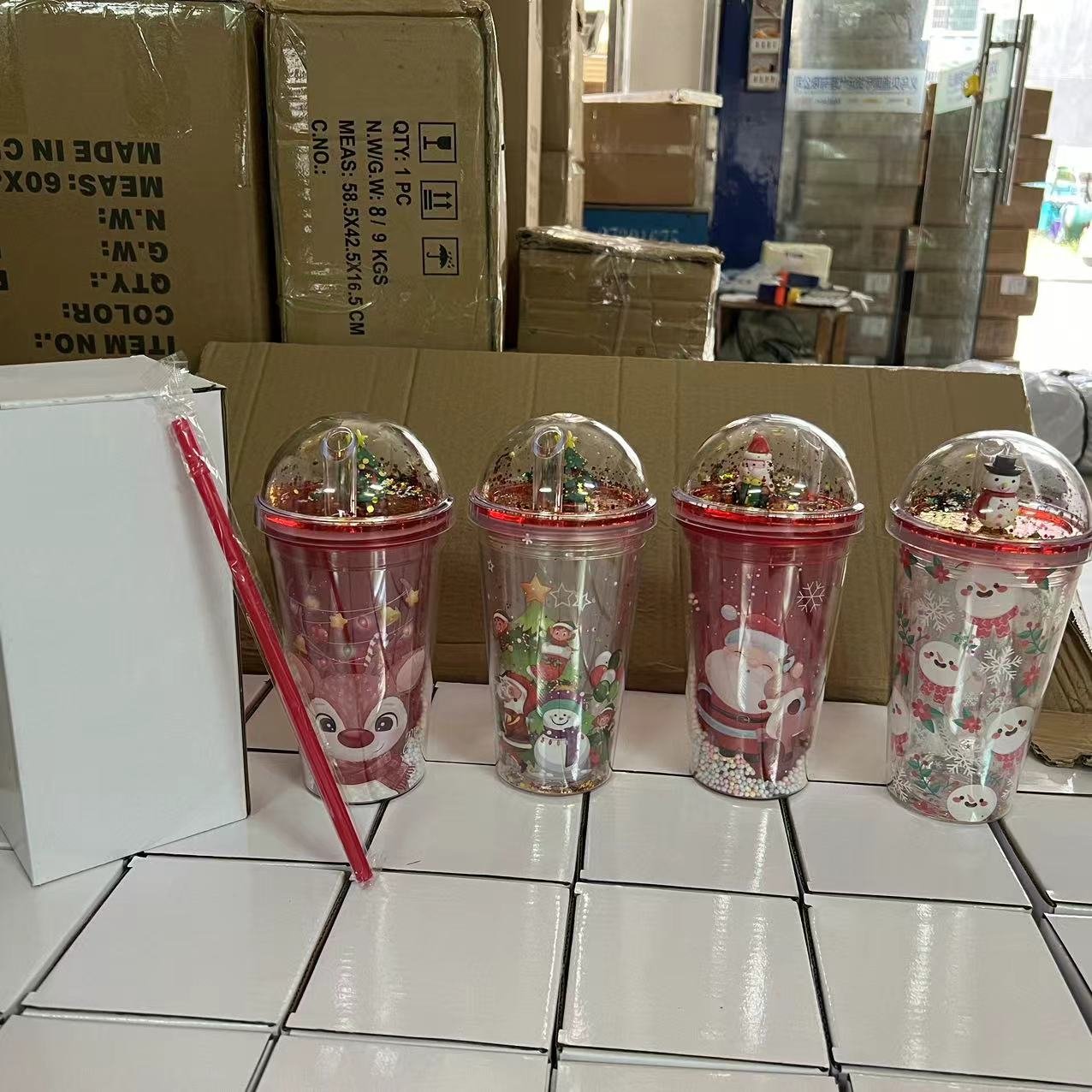 New Christmas santa tree gifts drinking juice cup 500ml double wall bpa free plastic glitter tumblers with straw