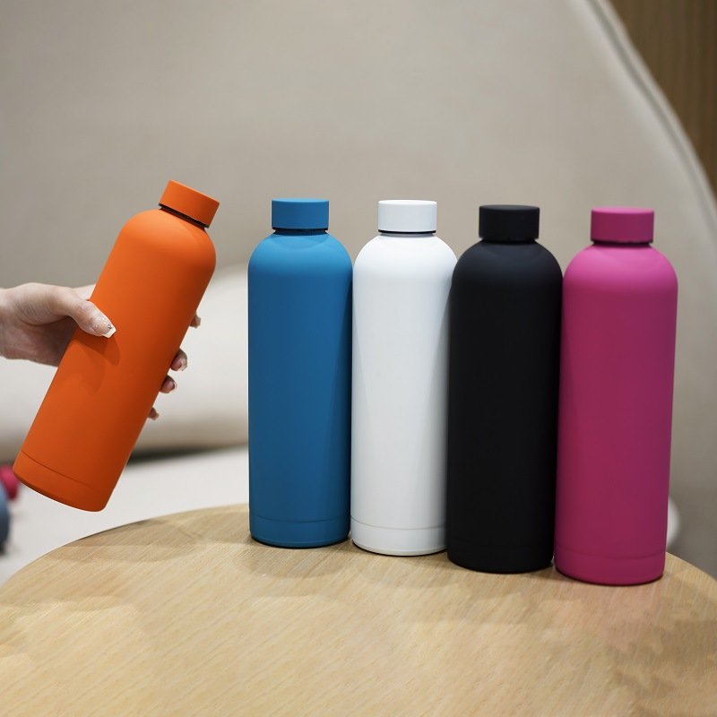 Custom Logo Multi-Color Soft Rubber Coated Vacuum Flask Narrow Mouth 500ml 750ml Stainless Steel Sports Water Bottle