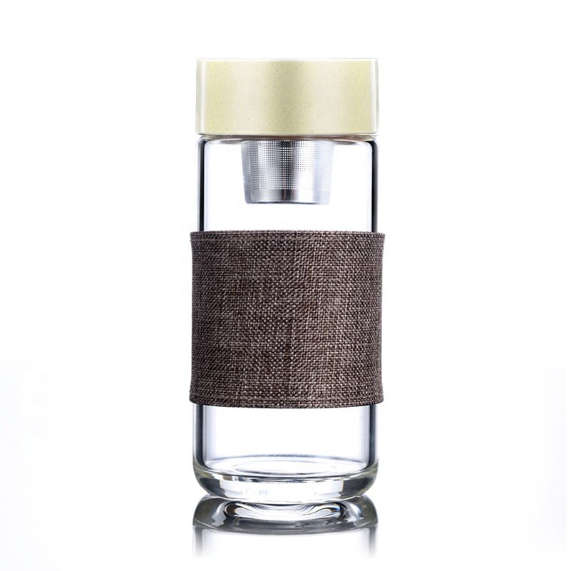 FX Factory Double wall Borosilecate glass Tea water bottle with bamboo lid and sleeve portable for travel and outside