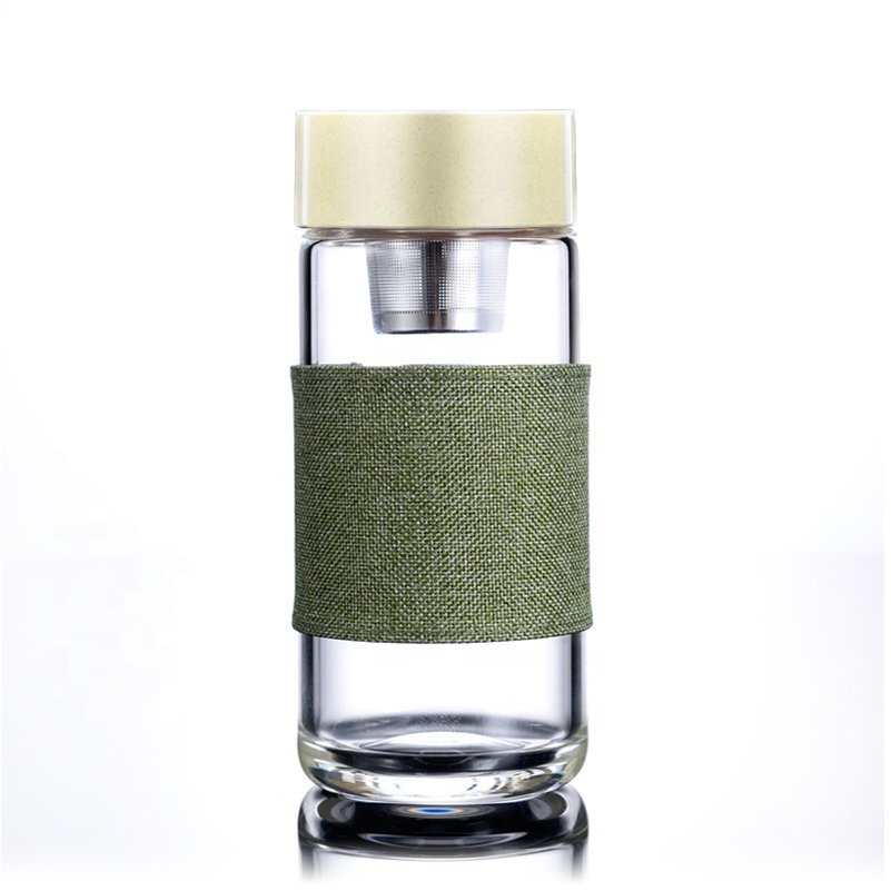 FX Factory Double wall Borosilecate glass Tea water bottle with bamboo lid and sleeve portable for travel and outside