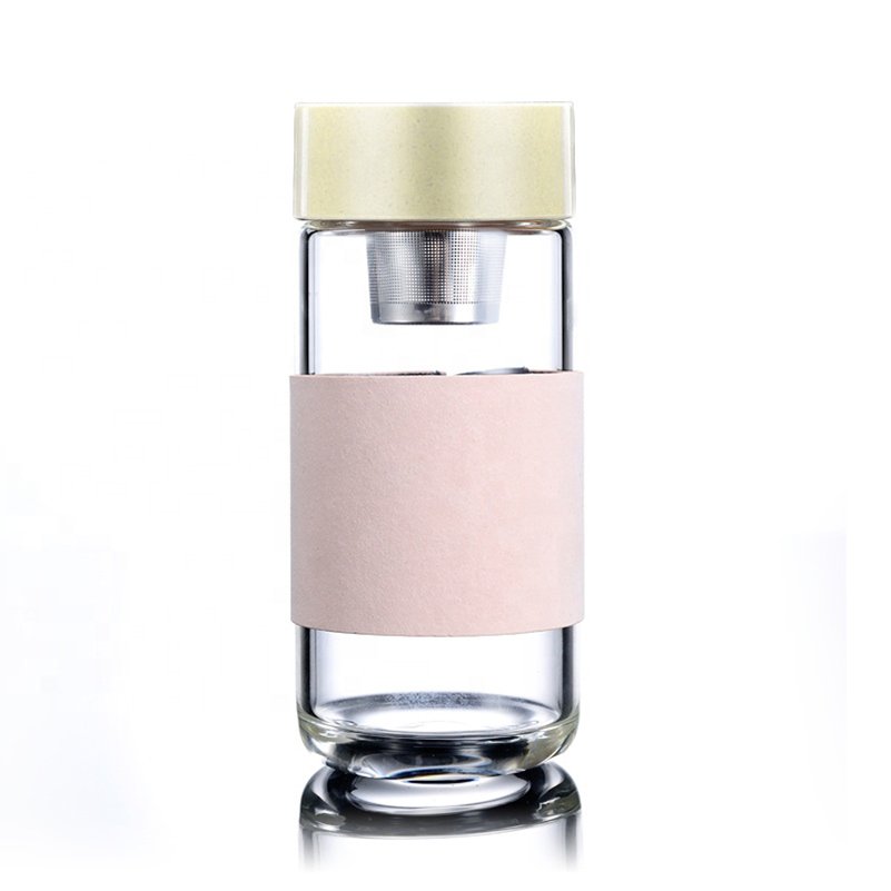 FX Factory Double wall Borosilecate glass Tea water bottle with bamboo lid and sleeve portable for travel and outside