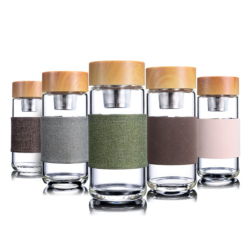 FX Factory Double wall Borosilecate glass Tea water bottle with bamboo lid and sleeve portable for travel and outside