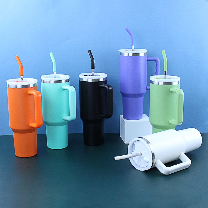 Custom Logo Powder Coated Tumbler Coffee Cup Travel Mug 40oz Stainless Steel Tumbler with Handle and Straw