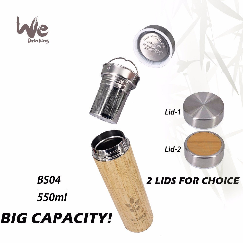 BS04 550ml Big Capacity Vaccum Insulated Original Bamboo Mug with Infuser and Strainer For Coffee Tea