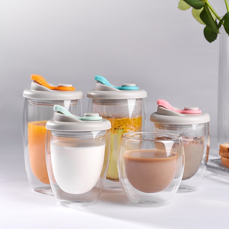2024 Hot Sale Glass Cup Coffee Milk Tea Women Gift Double Wall Glass Cup Travel Mug Tumbler Cup With Lid