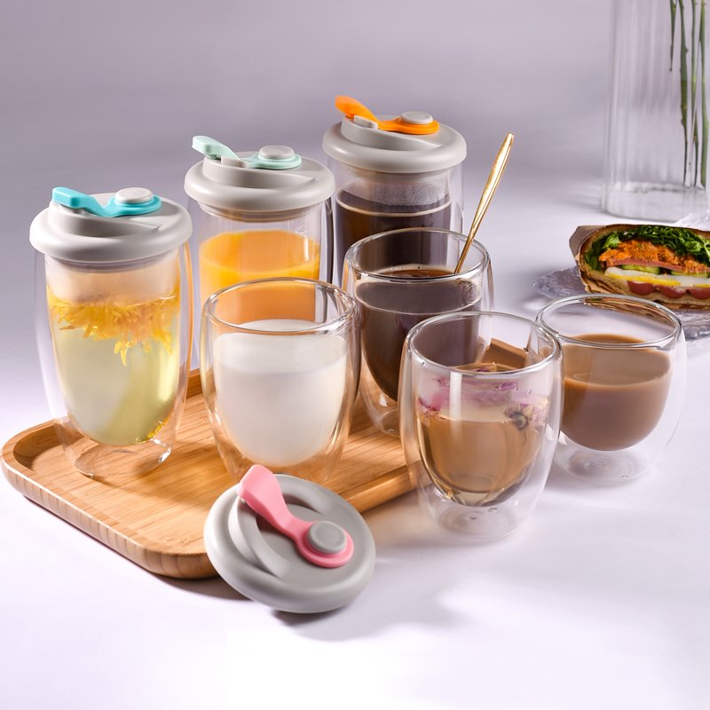2024 Hot Sale Glass Cup Coffee Milk Tea Women Gift Double Wall Glass Cup Travel Mug Tumbler Cup With Lid