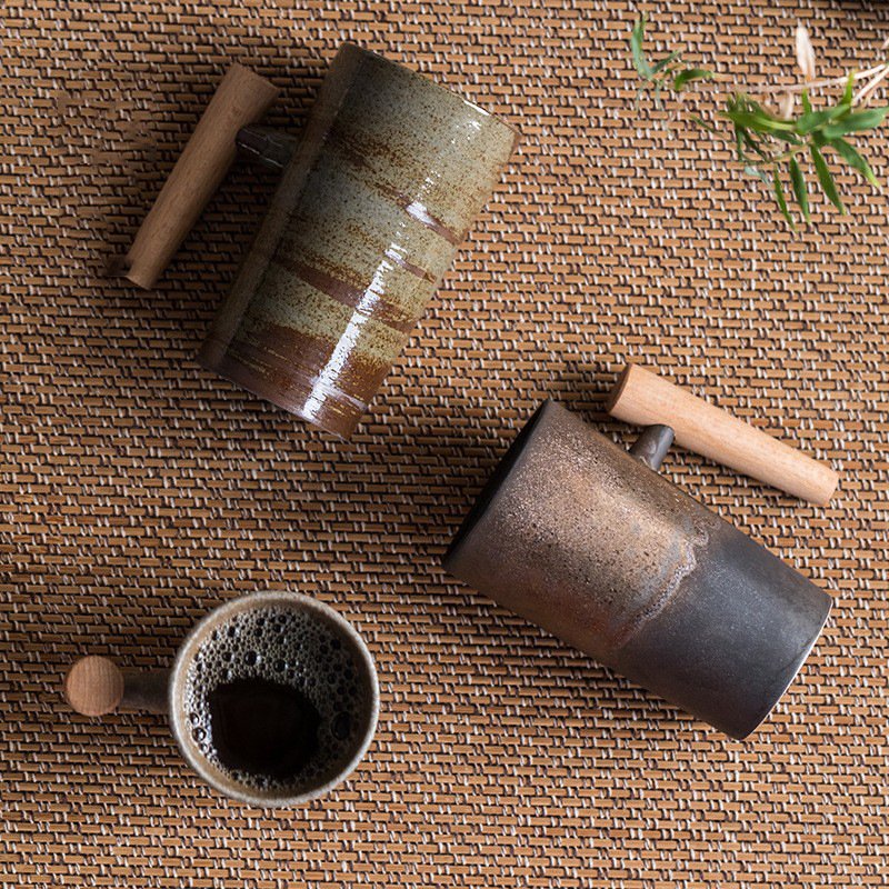 Vintage Pottery Straight Coffee Cup Mug With Wooden Handle