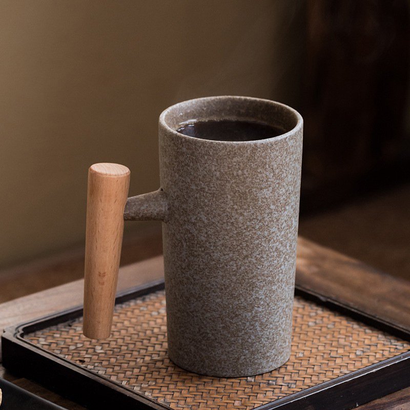 Vintage Pottery Straight Coffee Cup Mug With Wooden Handle