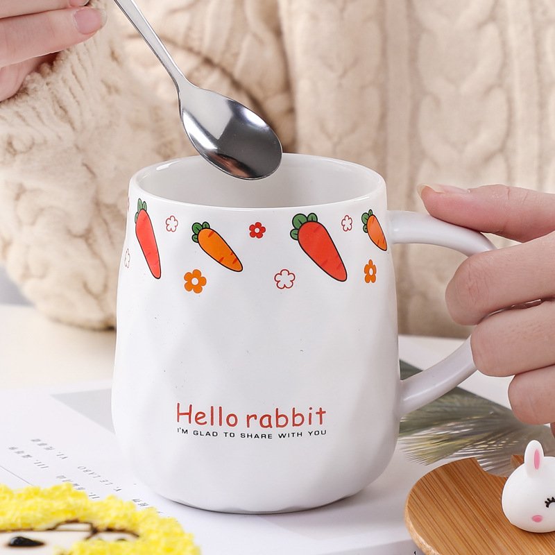 Zogifts Unique Magic Holiday Coffee Wooden Lids Ceramic Couple Mug Gift Design Set Modern Style With Cute Rabbit Cup