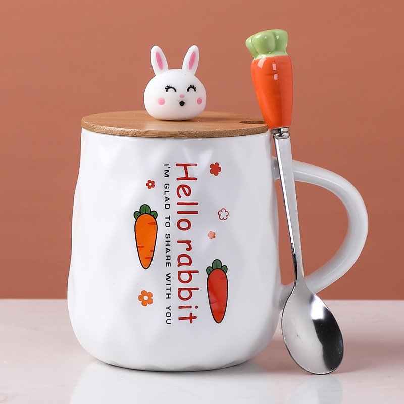 Zogifts Unique Magic Holiday Coffee Wooden Lids Ceramic Couple Mug Gift Design Set Modern Style With Cute Rabbit Cup
