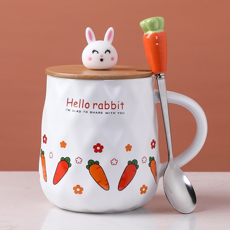 Zogifts Unique Magic Holiday Coffee Wooden Lids Ceramic Couple Mug Gift Design Set Modern Style With Cute Rabbit Cup