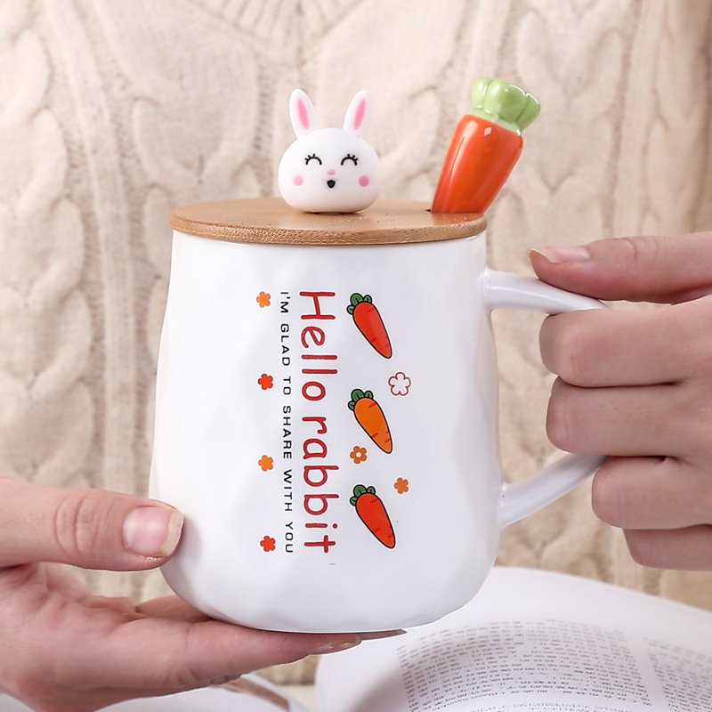 Zogifts Unique Magic Holiday Coffee Wooden Lids Ceramic Couple Mug Gift Design Set Modern Style With Cute Rabbit Cup