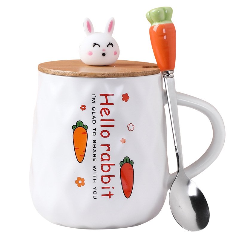 Zogifts Unique Magic Holiday Coffee Wooden Lids Ceramic Couple Mug Gift Design Set Modern Style With Cute Rabbit Cup