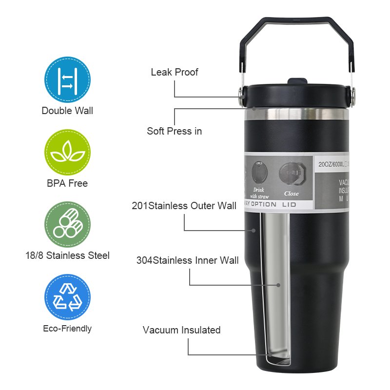 Custom logo 20oz 30oz powder coated stainless steel tumbler cups thermal insulated travel coffee mug with handle
