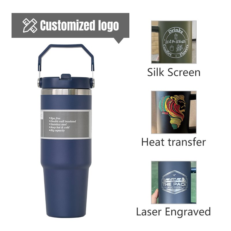 Custom logo 20oz 30oz powder coated stainless steel tumbler cups thermal insulated travel coffee mug with handle
