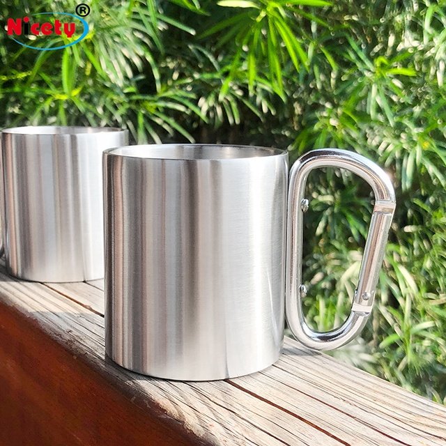 Portable Stainless Steel Double Wall Travel Mug Pot with Carabiner for Camping Backpacking Camping Survival Coffee Tea Milk Cup