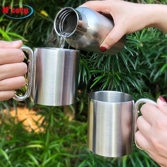 Portable Stainless Steel Double Wall Travel Mug Pot with Carabiner for Camping Backpacking Camping Survival Coffee Tea Milk Cup