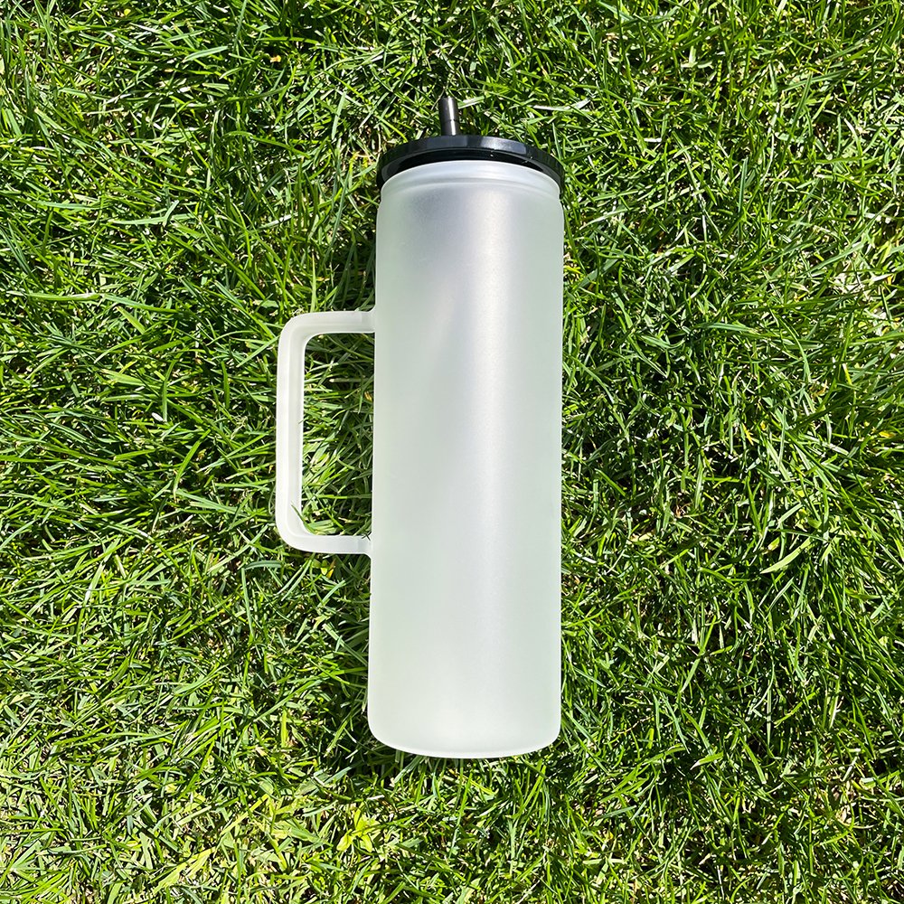 20oz clear frosted skinny straight glass tumbler with handle For hot printing 20oz sublimatable clear frosted glass coffee mug