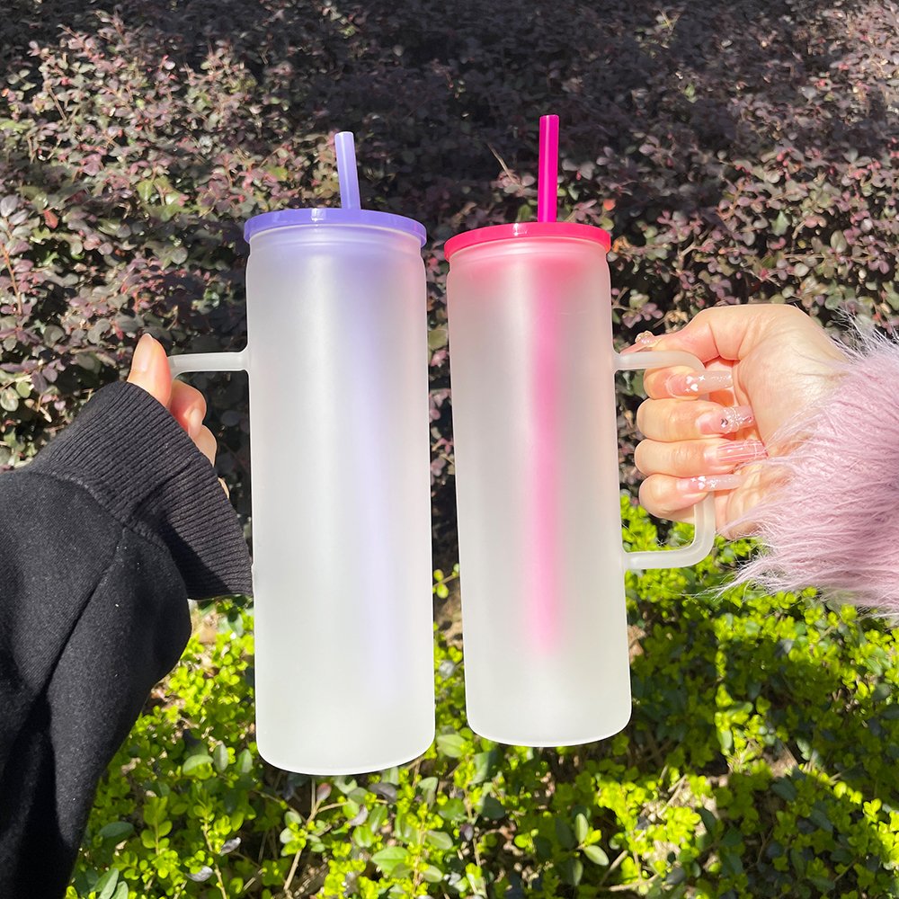 20oz clear frosted skinny straight glass tumbler with handle For hot printing 20oz sublimatable clear frosted glass coffee mug