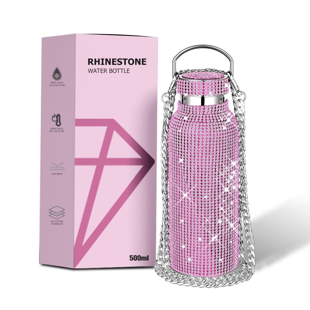 Diamond 304 stainless steel blinking Vacuum Flask Sparkling Glitter Rhinestone Water Bottle with Lid Chain for Women Girls