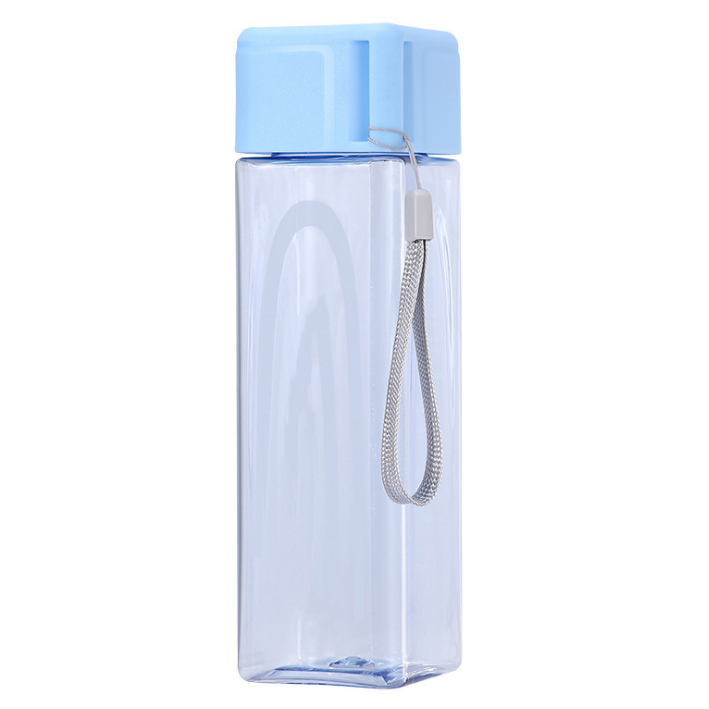 custom logo high quality drink bottle frosted mist plastic juice bottle square sport water bottle with portable rope
