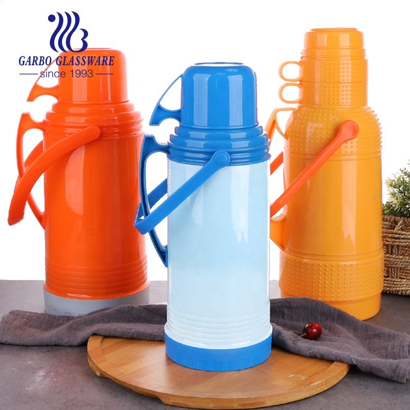 Popular glass lined flask thermos bottles customized logo colorful plastic glass vacuum flask thermos with lids for home use