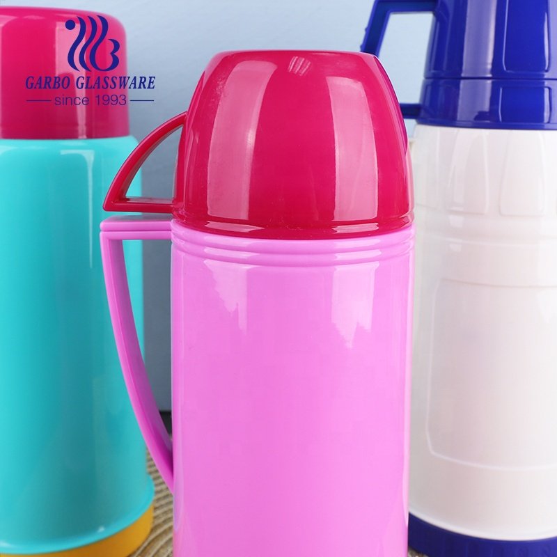 Popular glass lined flask thermos bottles customized logo colorful plastic glass vacuum flask thermos with lids for home use