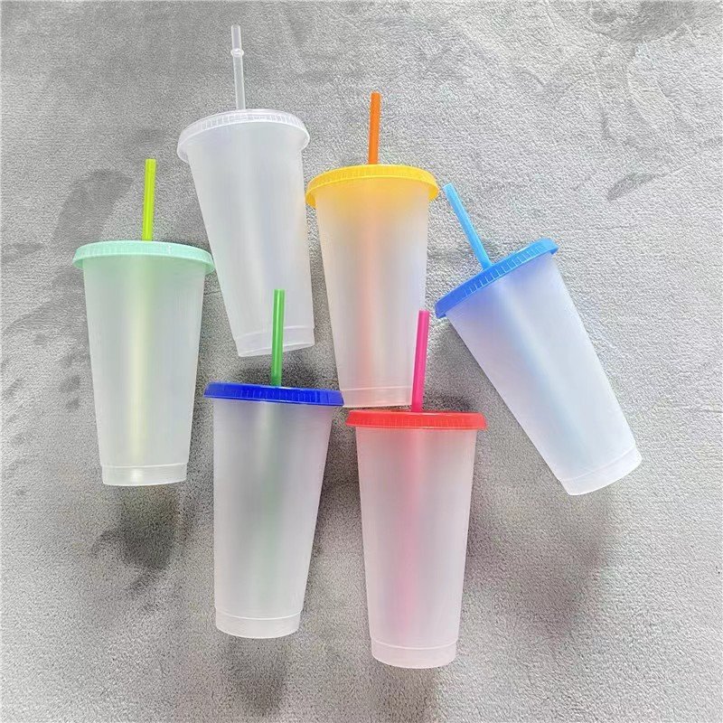 24oz Reusable BPA Free Custom Logo Clear Cold Coffee Mug Plastic Confetti Color Colour Changing Cups Cups 24oz with Straw Mugs