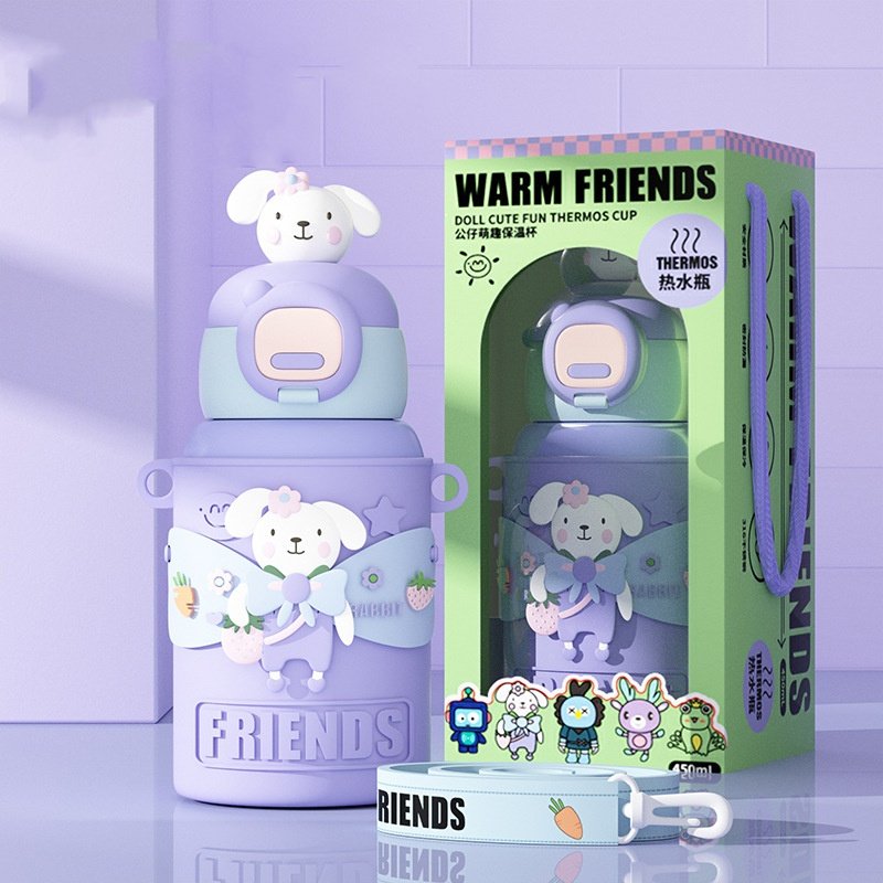Cute Baby Kids 450ml Water Bottle Travel Sport Outdoor Portable Straw Sleeve Vacuum Flask Thermos Water Cup Mug Bottle