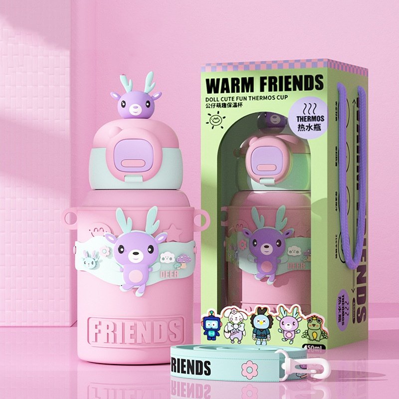 Cute Baby Kids 450ml Water Bottle Travel Sport Outdoor Portable Straw Sleeve Vacuum Flask Thermos Water Cup Mug Bottle