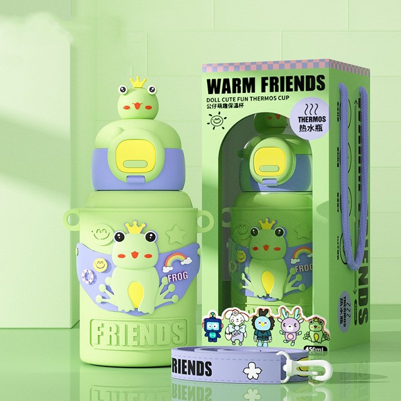 Cute Baby Kids 450ml Water Bottle Travel Sport Outdoor Portable Straw Sleeve Vacuum Flask Thermos Water Cup Mug Bottle