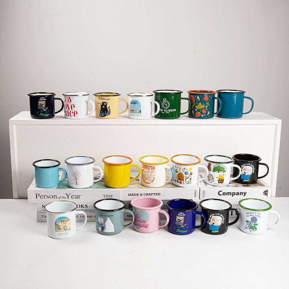 12oz metal enamel cups sublimation custom logo white custom stock promotion wholesale tea milk cup Vintage Souvenir camping mug