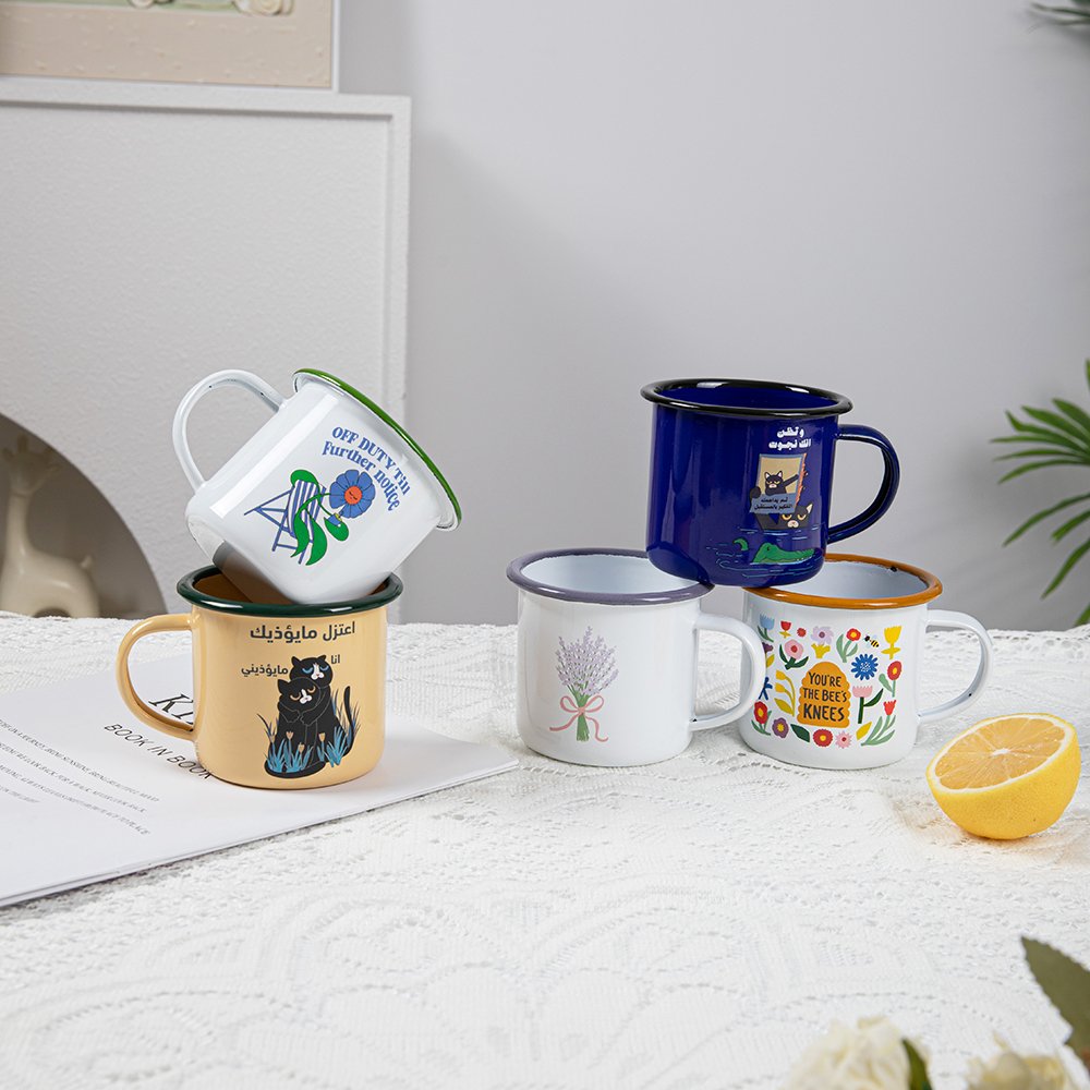 12oz metal enamel cups sublimation custom logo white custom stock promotion wholesale tea milk cup Vintage Souvenir camping mug