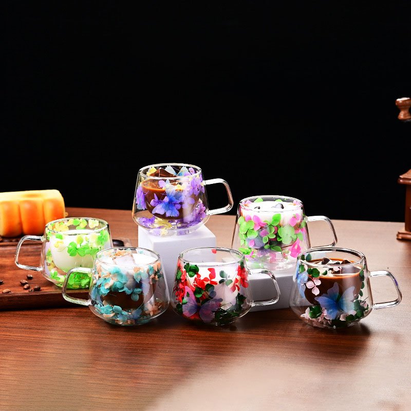 Safe Packing Double Layer Glass Cup With Dry Flower 250ml Beverage Drinking Glasses Coffee Mug with Handle