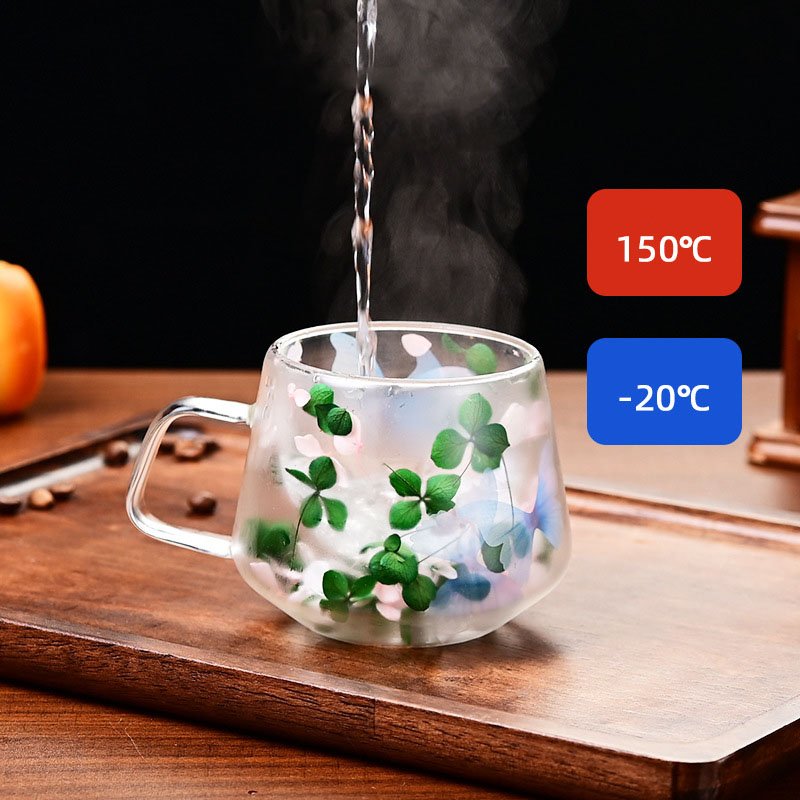 Safe Packing Double Layer Glass Cup With Dry Flower 250ml Beverage Drinking Glasses Coffee Mug with Handle