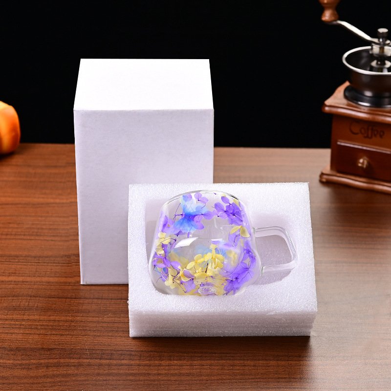 Safe Packing Double Layer Glass Cup With Dry Flower 250ml Beverage Drinking Glasses Coffee Mug with Handle