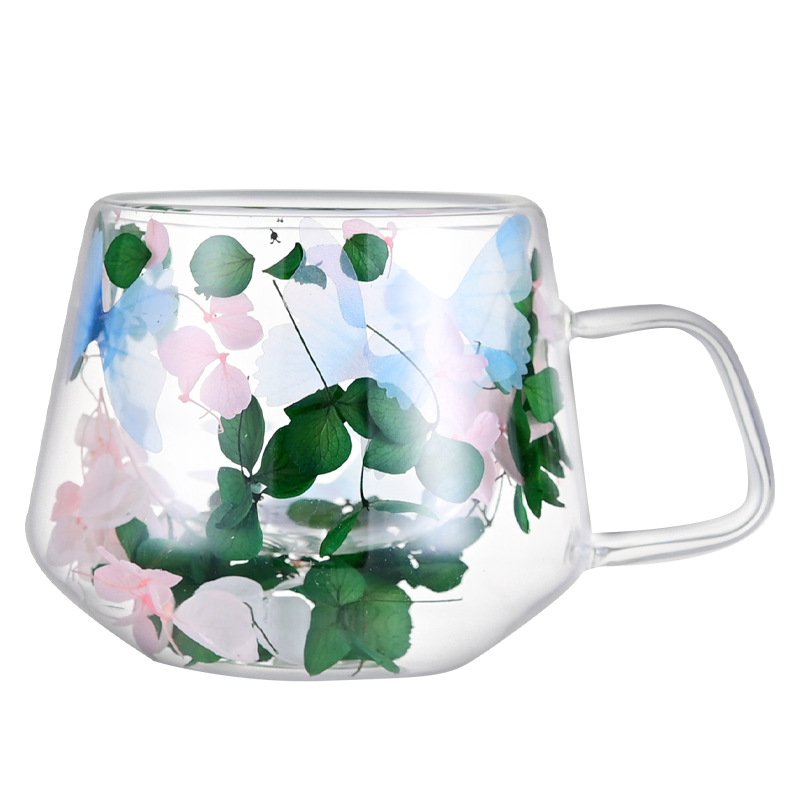 Safe Packing Double Layer Glass Cup With Dry Flower 250ml Beverage Drinking Glasses Coffee Mug with Handle