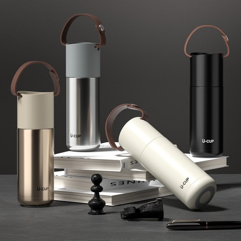 New portable Custom 350ml stainless steel insulated vacuum flasks with leather handle double wall travel thermos water bottle