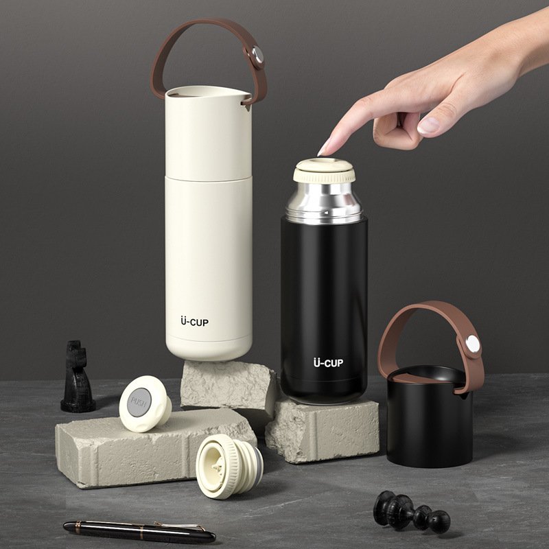New portable Custom 350ml stainless steel insulated vacuum flasks with leather handle double wall travel thermos water bottle